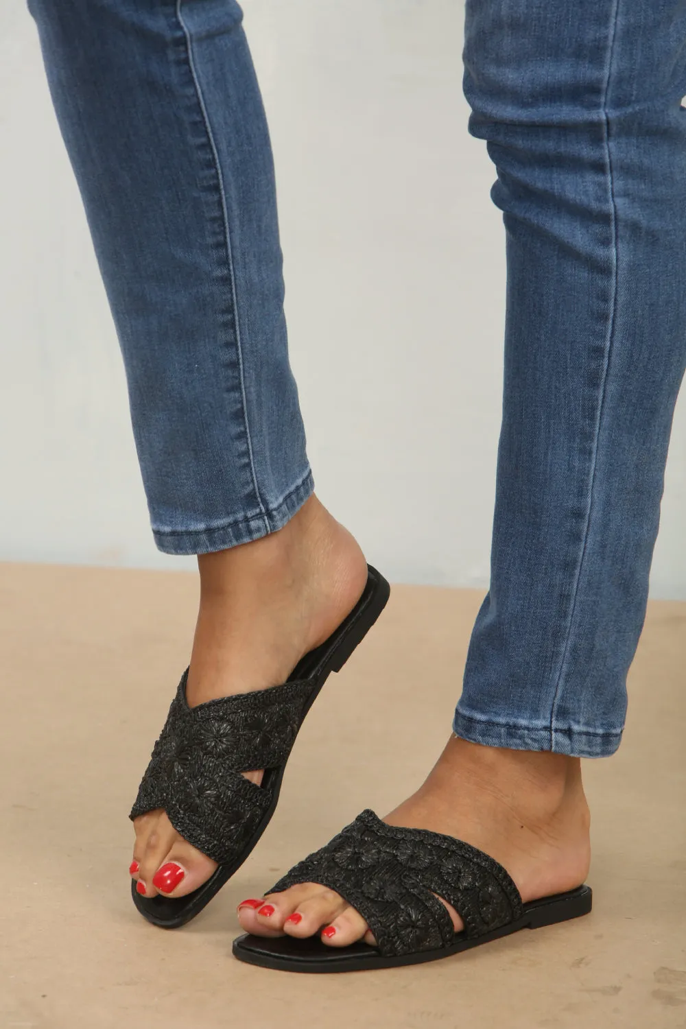Black Raffia Flat Sandals