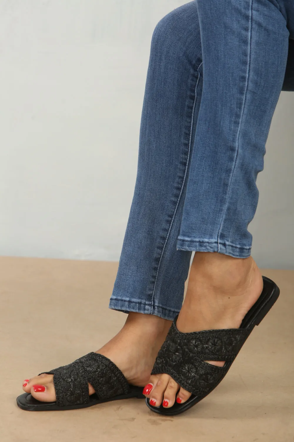 Black Raffia Flat Sandals