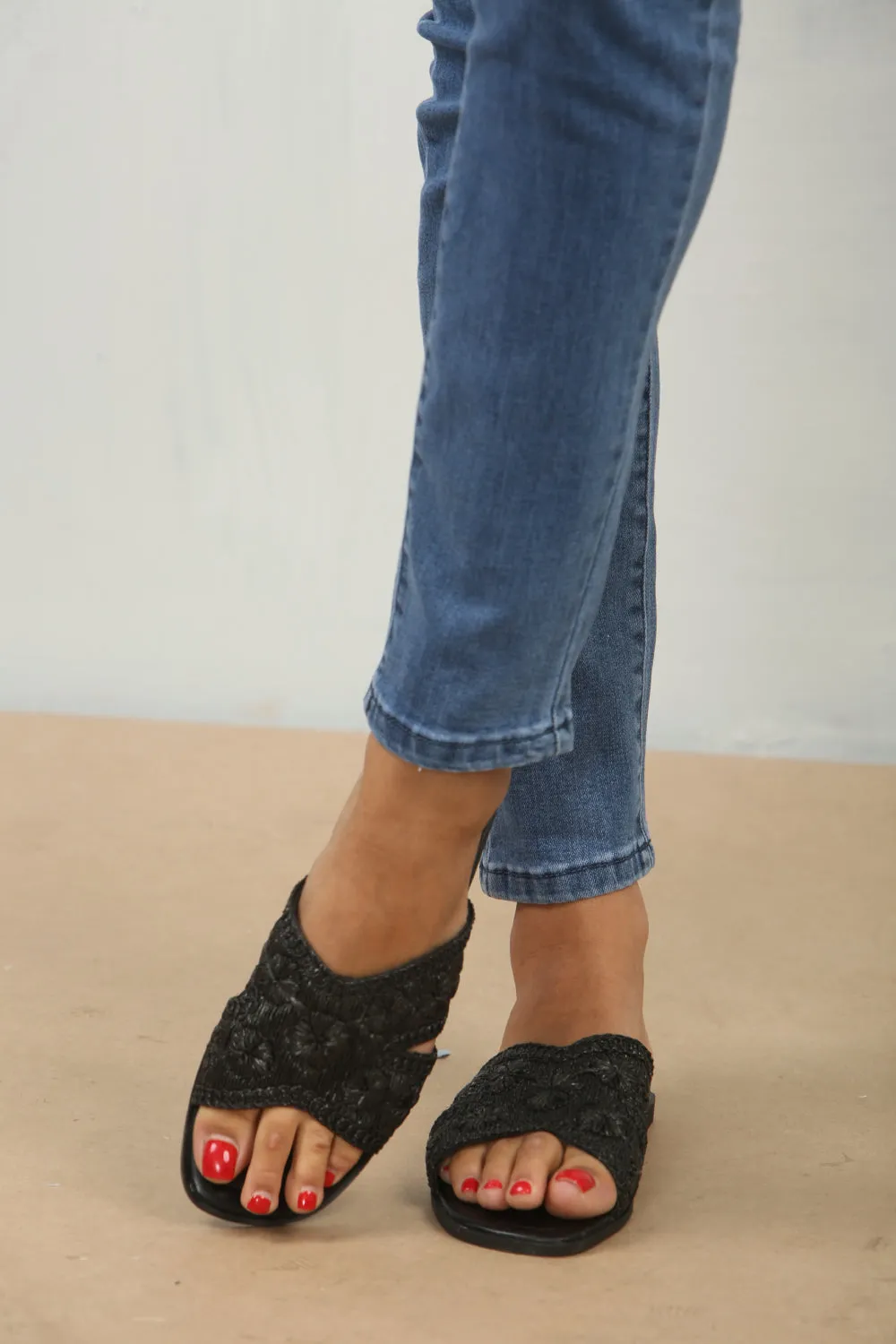 Black Raffia Flat Sandals