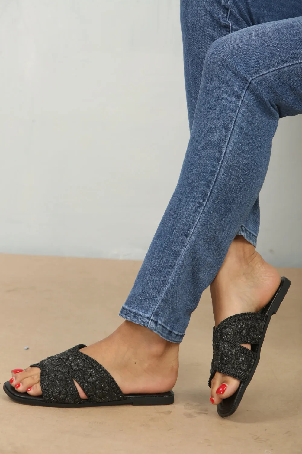 Black Raffia Flat Sandals