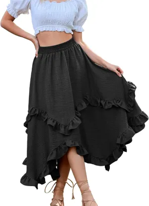 Bridesmay Renaissance Fairy Skirt 2025 Asymmetrical Ruffle Hem Elastic Waisted Long Maxi Skirts for Women