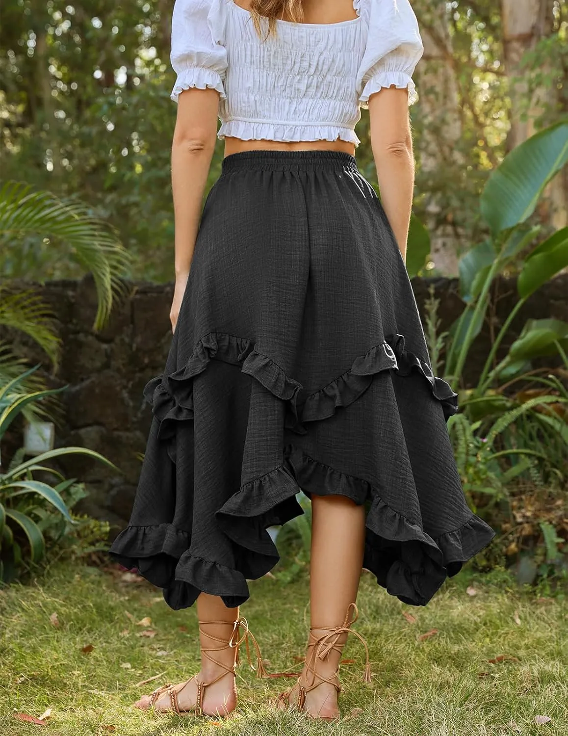 Bridesmay Renaissance Fairy Skirt 2025 Asymmetrical Ruffle Hem Elastic Waisted Long Maxi Skirts for Women