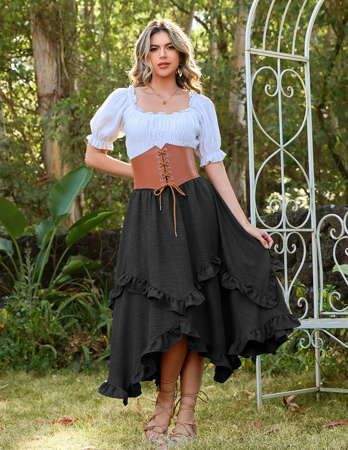 Bridesmay Renaissance Fairy Skirt 2025 Asymmetrical Ruffle Hem Elastic Waisted Long Maxi Skirts for Women