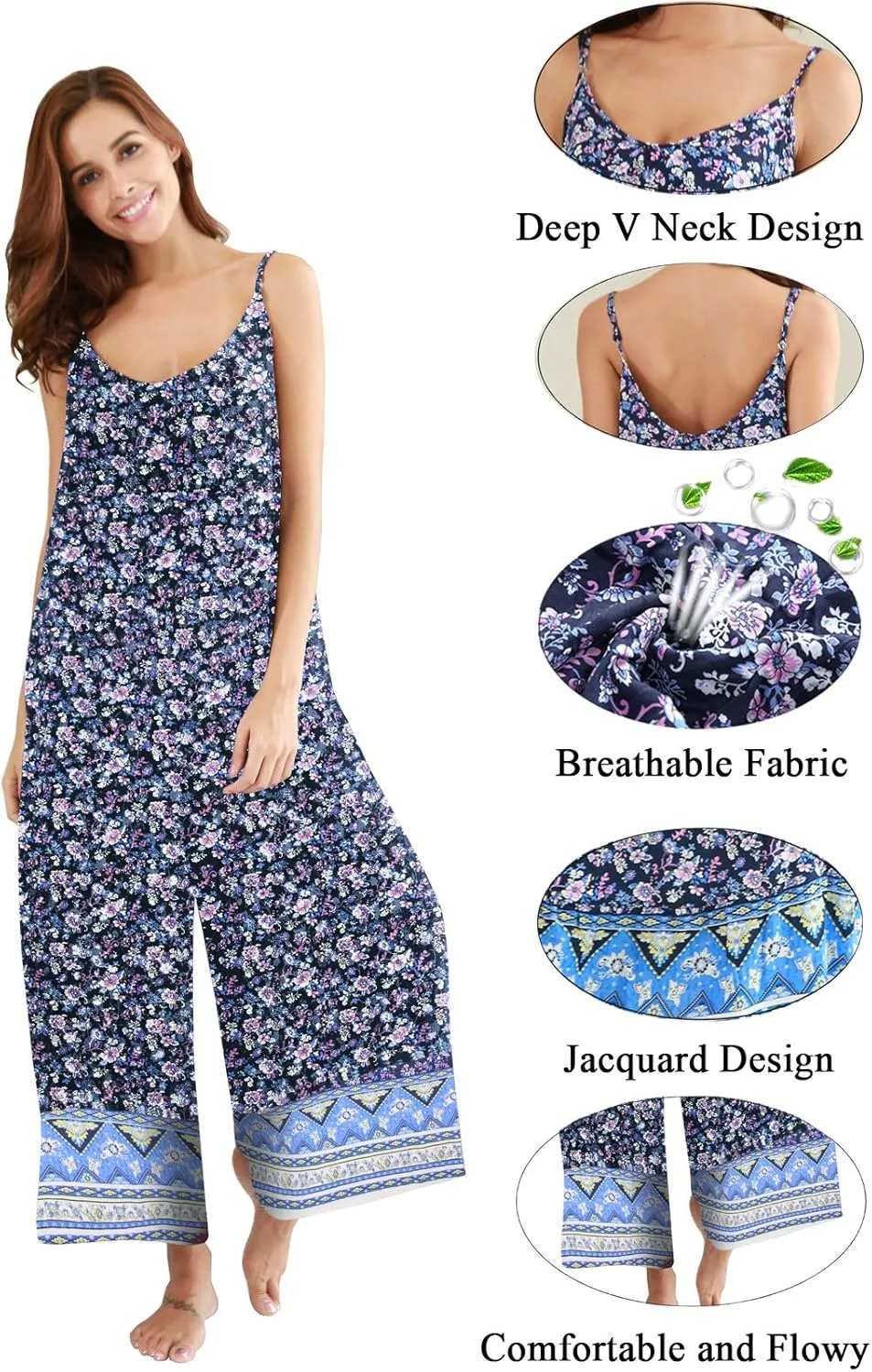 BUENOS NINOS Women's V Neck Floral Maxi Dress Boho Printed Adjustable Spaghetti Strap Ethnic Beach Long Dress with Pockets