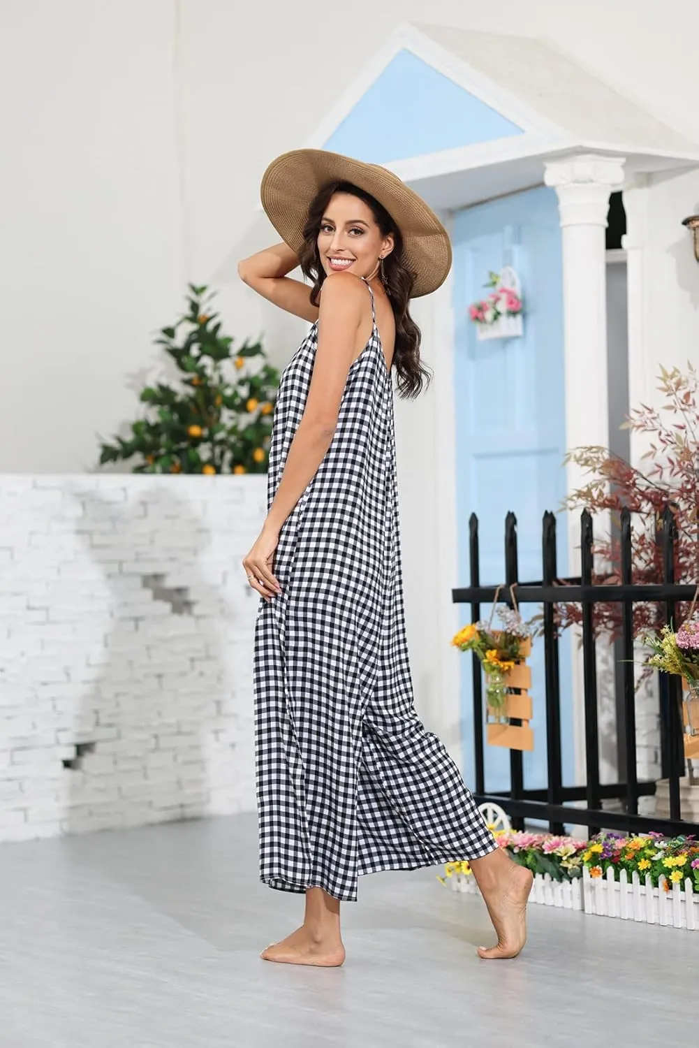 BUENOS NINOS Women's V Neck Floral Maxi Dress Boho Printed Adjustable Spaghetti Strap Ethnic Beach Long Dress with Pockets