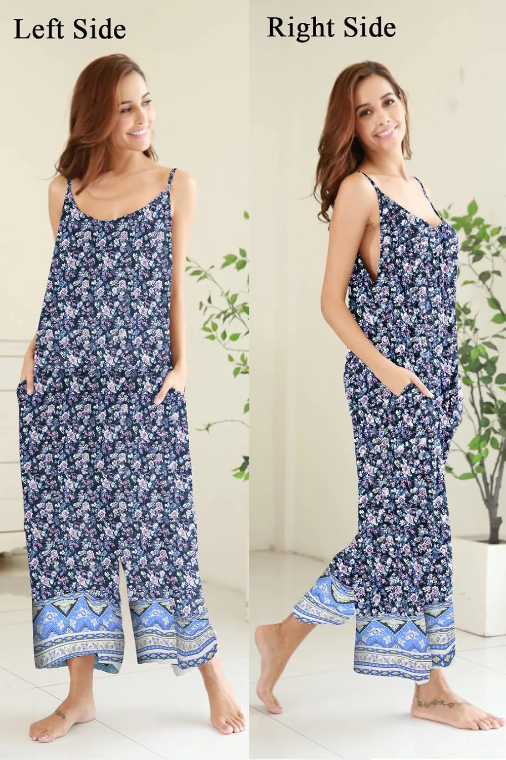 BUENOS NINOS Women's V Neck Floral Maxi Dress Boho Printed Adjustable Spaghetti Strap Ethnic Beach Long Dress with Pockets