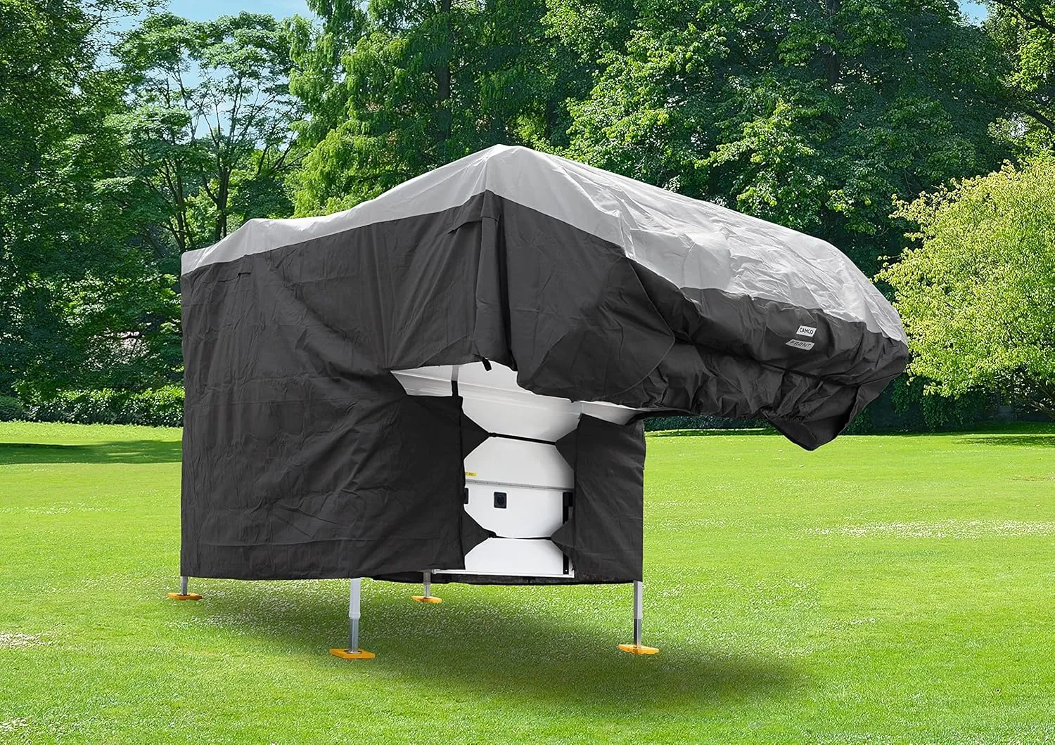 Camco ULTRAGuard Camper/RV Cover | Fits Slide-In Campers Up to 16' 8" | Features Zipper Entry Doors & Covered Air Vents | Crafted of Polypropylene | Storage Bag for RV Storage and Organization (45771)