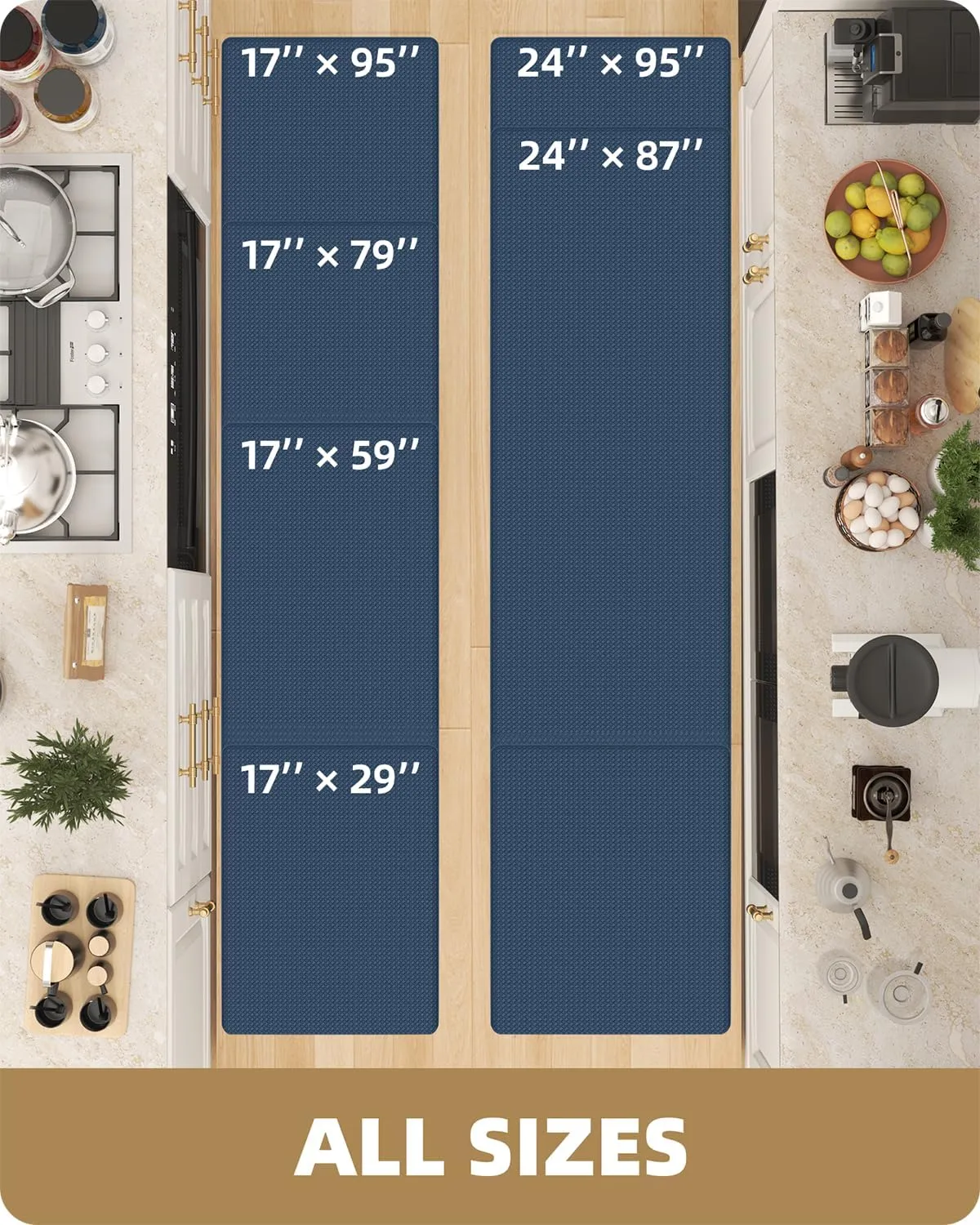Color&Geometry Kitchen Rug Set 2 Piece Kitchen Runner Rug Kitchen Floor Mat, Cushioned Anti Fatigue Non Skid Waterproof Comfort Standing Kitchen Mat, 17"x29" 17"x59", Blue