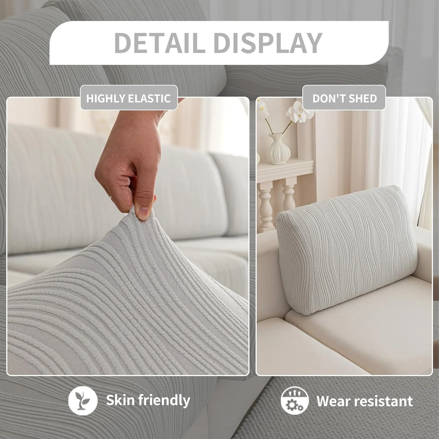 Couch Cushion Covers, Washable Stretch Stripe Sofa Covers for 1 Cushion Couch L Shape Sectional Sofa Slipcovers Furniture Protector for Dog(Back Couch Cover, Light Gray)