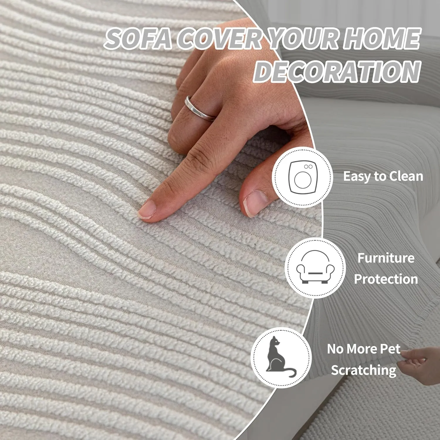 Couch Cushion Covers, Washable Stretch Stripe Sofa Covers for 1 Cushion Couch L Shape Sectional Sofa Slipcovers Furniture Protector for Dog(Back Couch Cover, Light Gray)