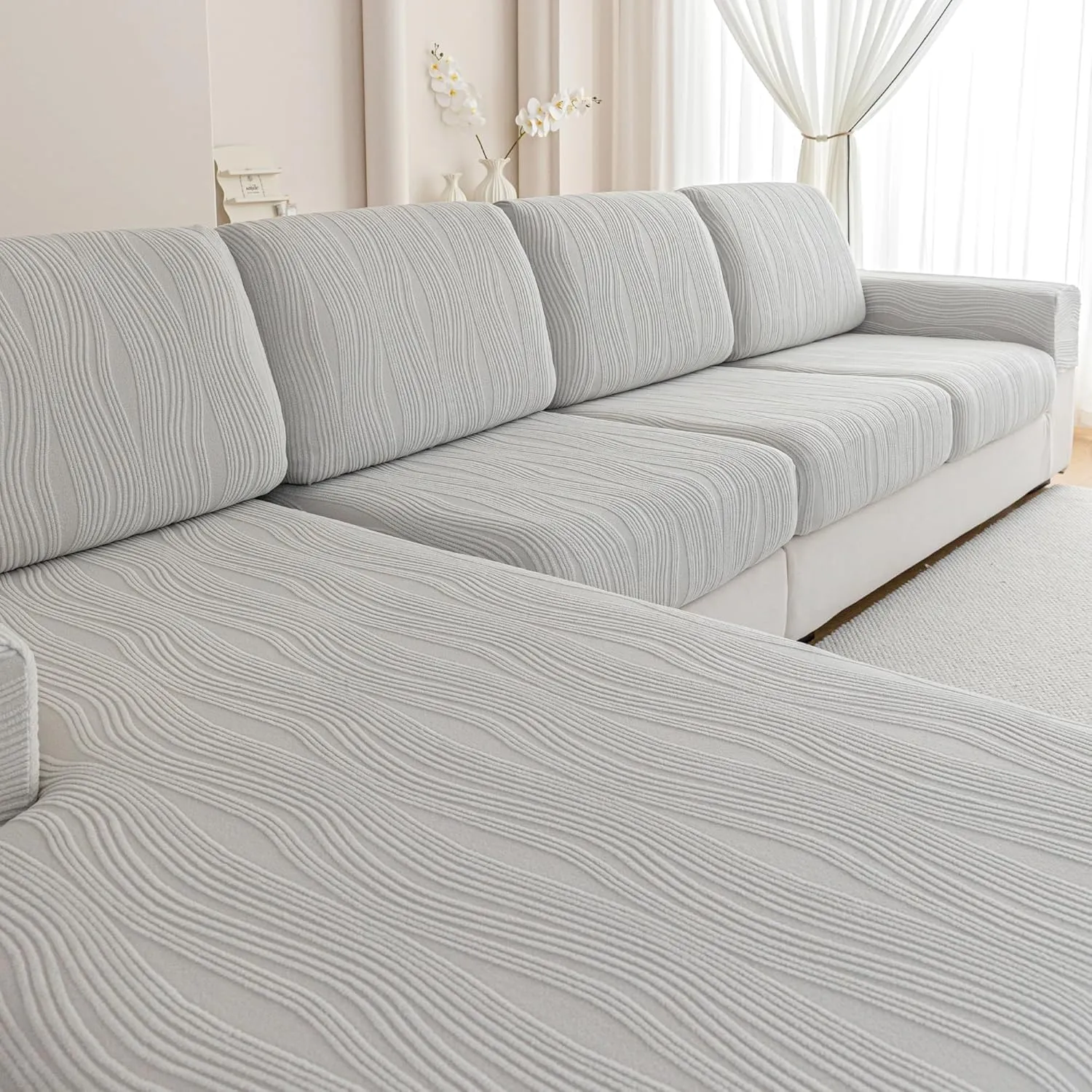 Couch Cushion Covers, Washable Stretch Stripe Sofa Covers for 1 Cushion Couch L Shape Sectional Sofa Slipcovers Furniture Protector for Dog(Back Couch Cover, Light Gray)