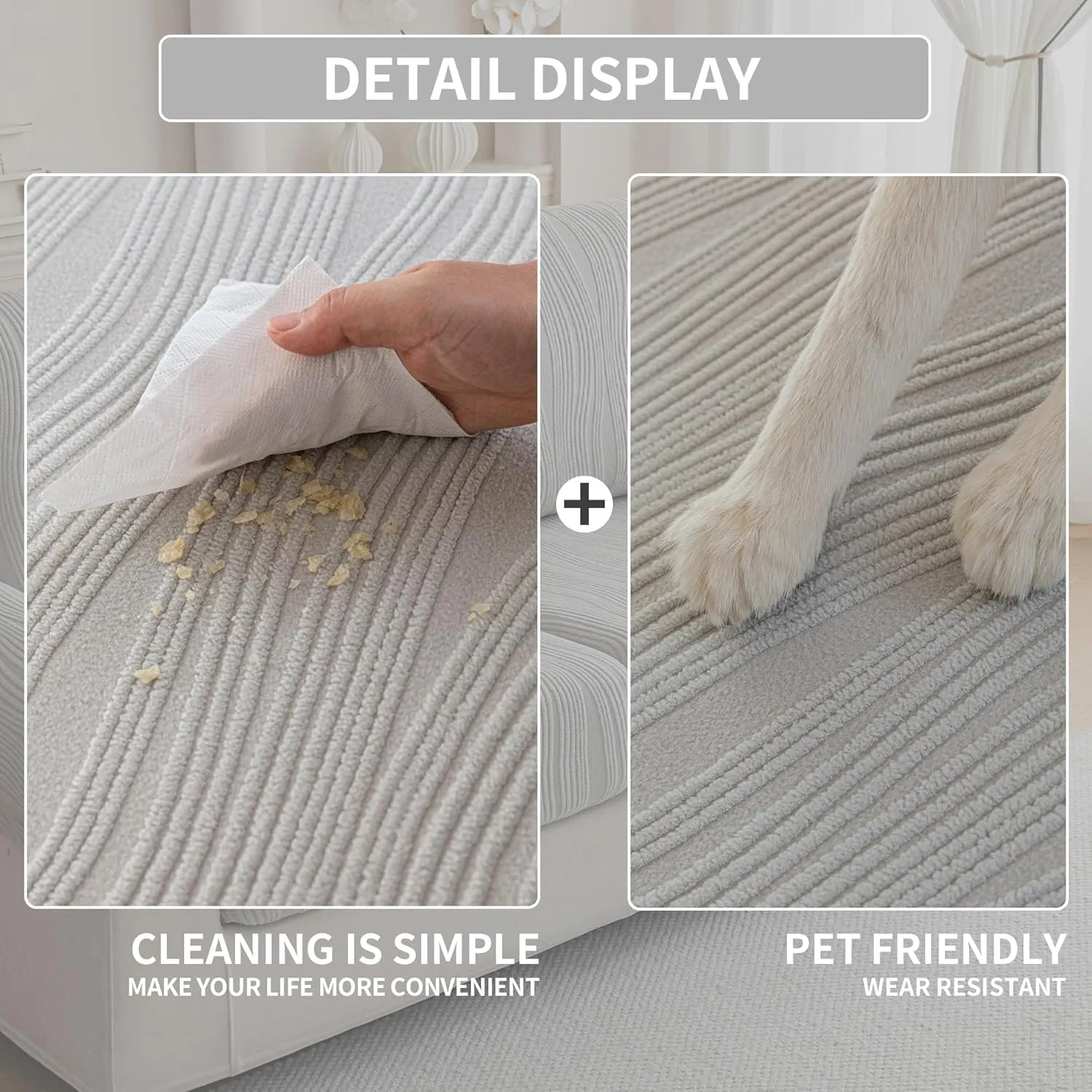 Couch Cushion Covers, Washable Stretch Stripe Sofa Covers for 1 Cushion Couch L Shape Sectional Sofa Slipcovers Furniture Protector for Dog(Back Couch Cover, Light Gray)