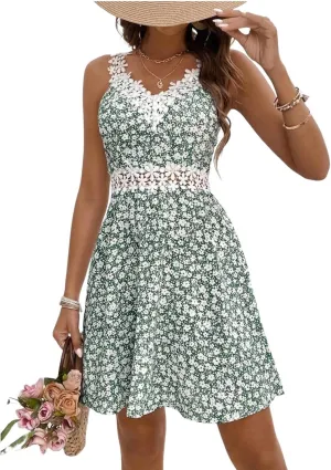 Dress for Women Fresh V Neck Sleeveless Mini Dress Charming Print A Line Dresses Garden Party Dresses