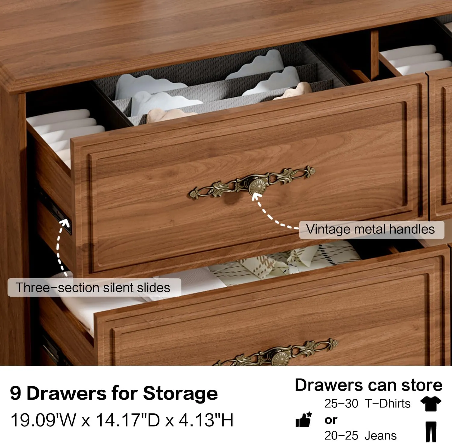 Dresser for Bedroom with 9 Drawers,63" Wide Modern Chest of Drawers with Metal Handle,Wooden Dresser TV Stand,Wood Closet Clothes Storage Organizer for Living Room,Hallway,Umber
