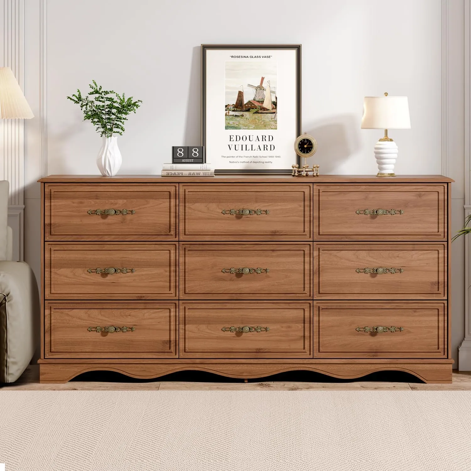 Dresser for Bedroom with 9 Drawers,63" Wide Modern Chest of Drawers with Metal Handle,Wooden Dresser TV Stand,Wood Closet Clothes Storage Organizer for Living Room,Hallway,Umber