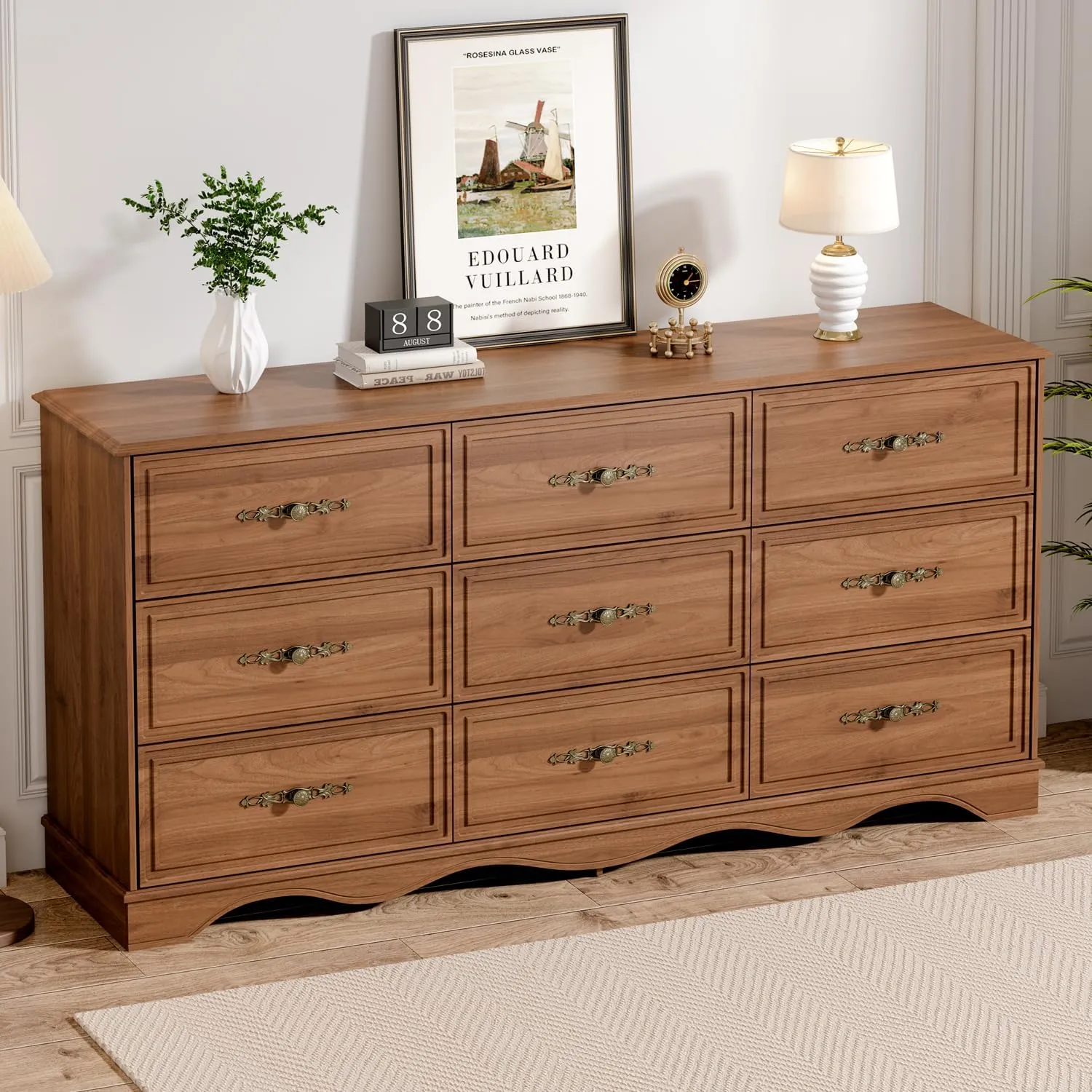 Dresser for Bedroom with 9 Drawers,63" Wide Modern Chest of Drawers with Metal Handle,Wooden Dresser TV Stand,Wood Closet Clothes Storage Organizer for Living Room,Hallway,Umber