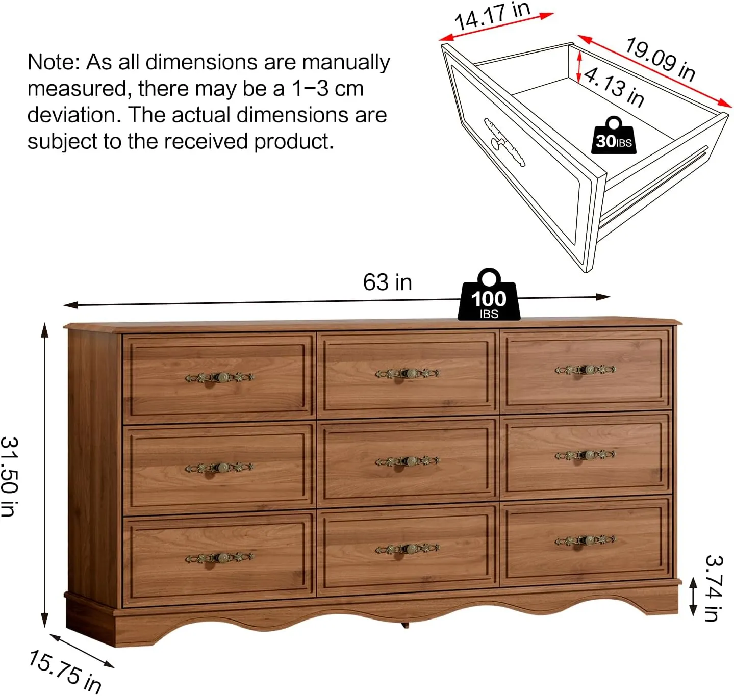 Dresser for Bedroom with 9 Drawers,63" Wide Modern Chest of Drawers with Metal Handle,Wooden Dresser TV Stand,Wood Closet Clothes Storage Organizer for Living Room,Hallway,Umber