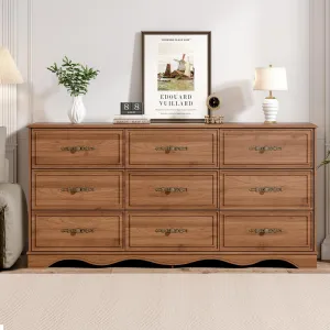 Dresser for Bedroom with 9 Drawers,63" Wide Modern Chest of Drawers with Metal Handle,Wooden Dresser TV Stand,Wood Closet Clothes Storage Organizer for Living Room,Hallway,Umber