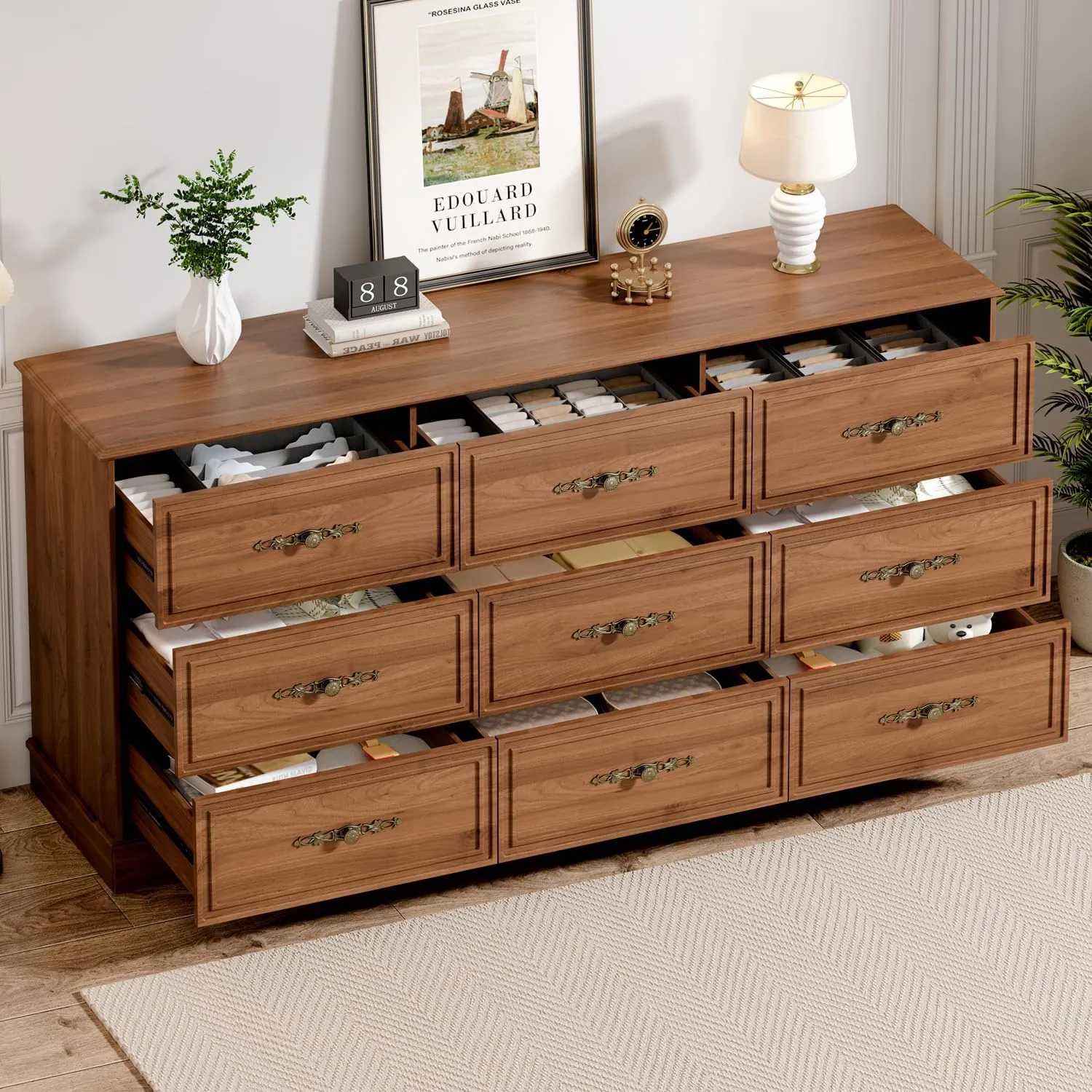 Dresser for Bedroom with 9 Drawers,63" Wide Modern Chest of Drawers with Metal Handle,Wooden Dresser TV Stand,Wood Closet Clothes Storage Organizer for Living Room,Hallway,Umber