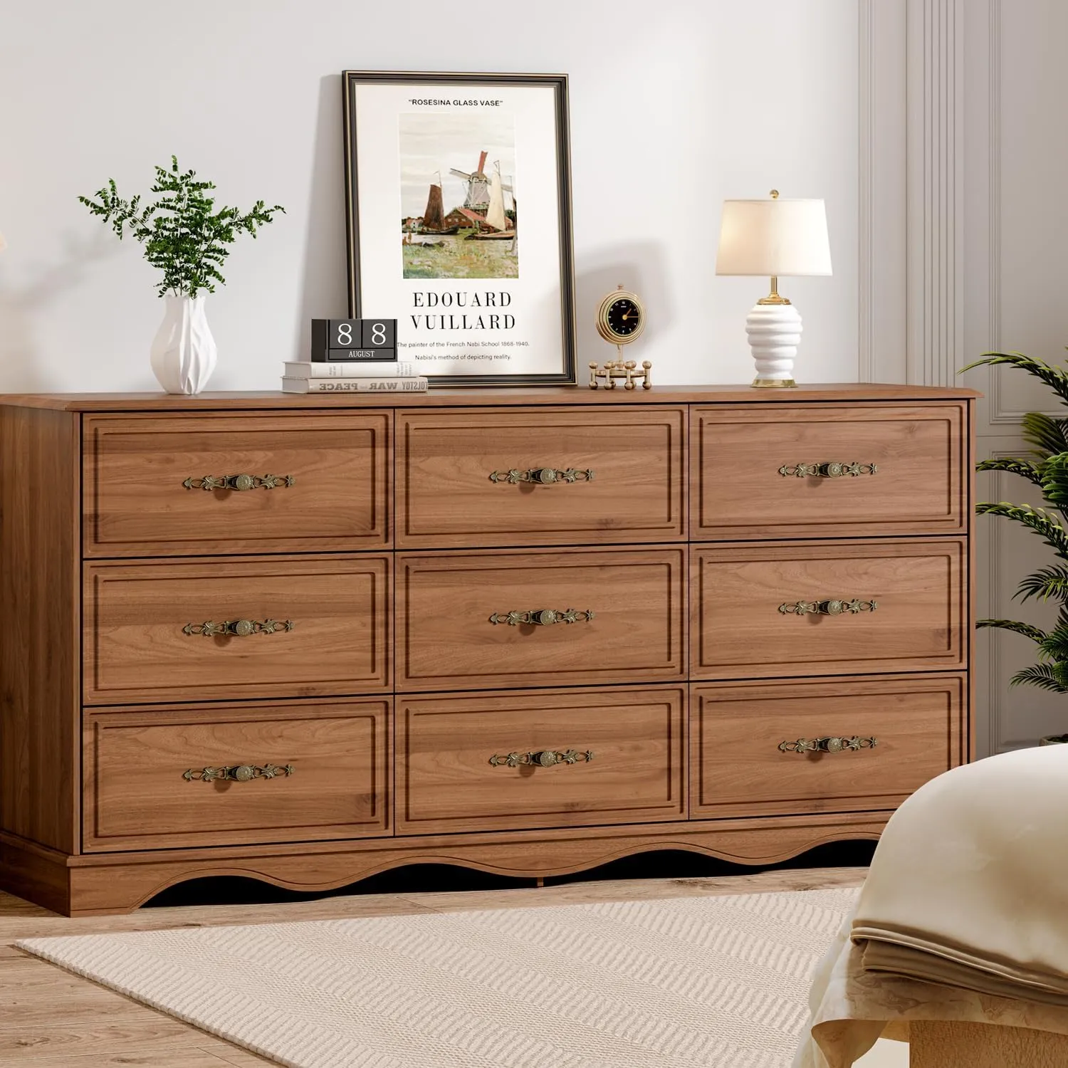 Dresser for Bedroom with 9 Drawers,63" Wide Modern Chest of Drawers with Metal Handle,Wooden Dresser TV Stand,Wood Closet Clothes Storage Organizer for Living Room,Hallway,Umber