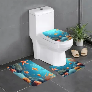 EkcoS Coral Fish Underwater Bathroom Rugs Set 3 Piece Microfiber Bath Shower Mat and U-Shaped Toilet Rug, Machine Wash Dry, Non Slip Absorbent Bath Rug for Tub.