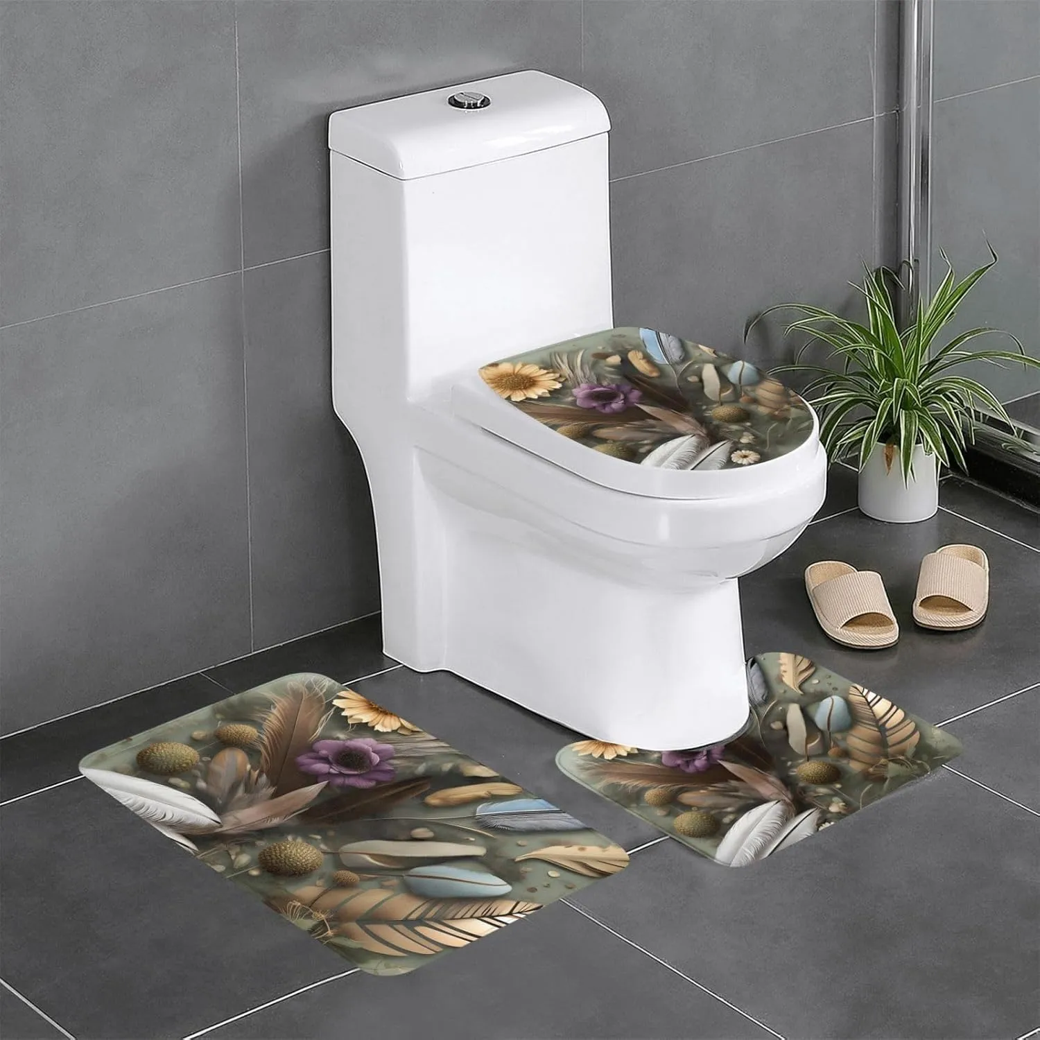 EkcoS Feather Flower Bathroom Rugs Set 3 Piece Microfiber Bath Shower Mat and U-Shaped Toilet Rug, Machine Wash Dry, Non Slip Absorbent Bath Rug for Tub.