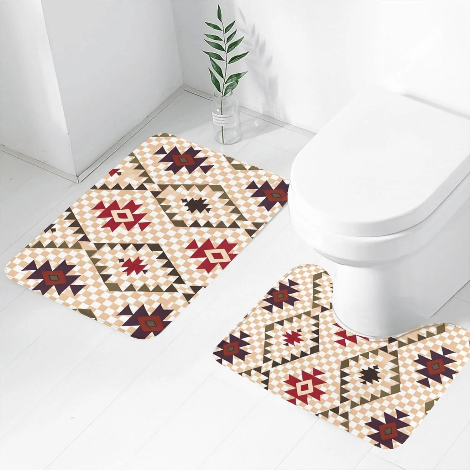 EkcoS Geometric Vector Bathroom Rugs Set 2 Piece Microfiber Bath Shower Mat and U-Shaped Toilet Rug Non Slip Absorbent Bath Rug for Tub