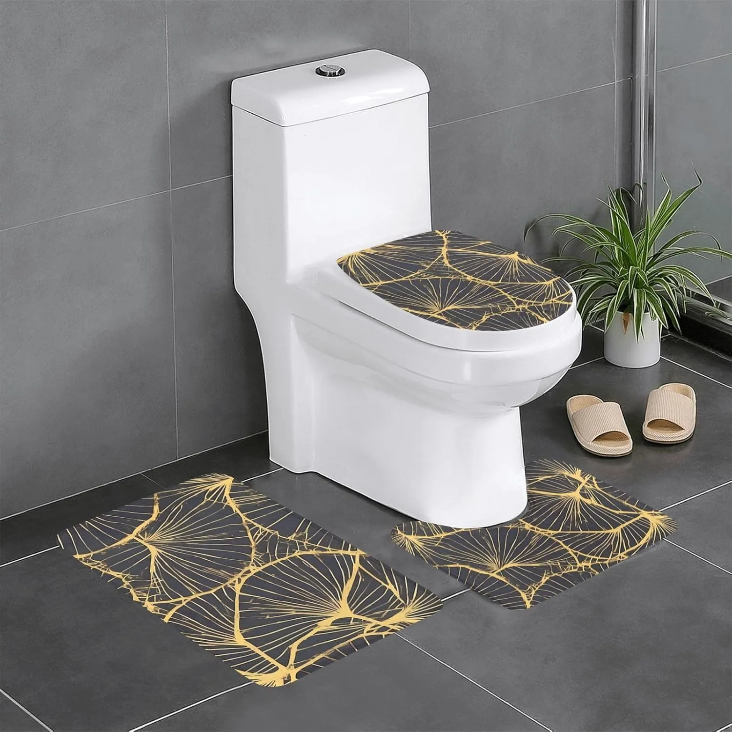 EkcoS Golden Leaf Bathroom Rugs Set 3 Piece Microfiber Bath Shower Mat and U-Shaped Toilet Rug, Machine Wash Dry, Non Slip Absorbent Bath Rug for Tub.