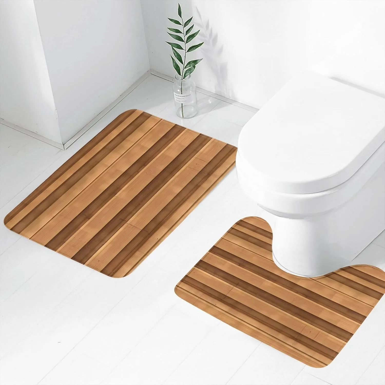 EkcoS Original Wood Color Texture Bathroom Rugs Set 2 Piece Microfiber Bath Shower Mat and U-Shaped Toilet Rug Non Slip Absorbent Bath Rug for Tub
