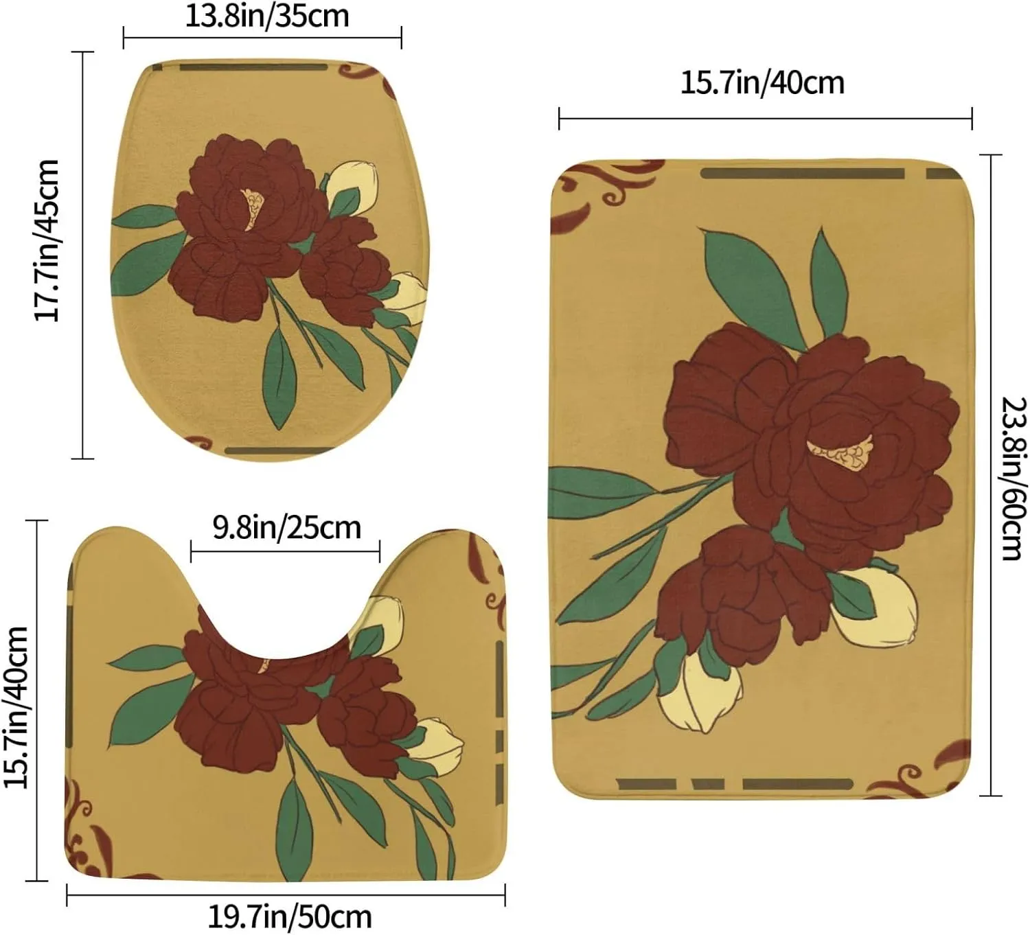 EkcoS Red Moonflower Bathroom Rugs Set 3 Piece Microfiber Bath Shower Mat and U-Shaped Toilet Rug, Machine Wash Dry, Non Slip Absorbent Bath Rug for Tub.