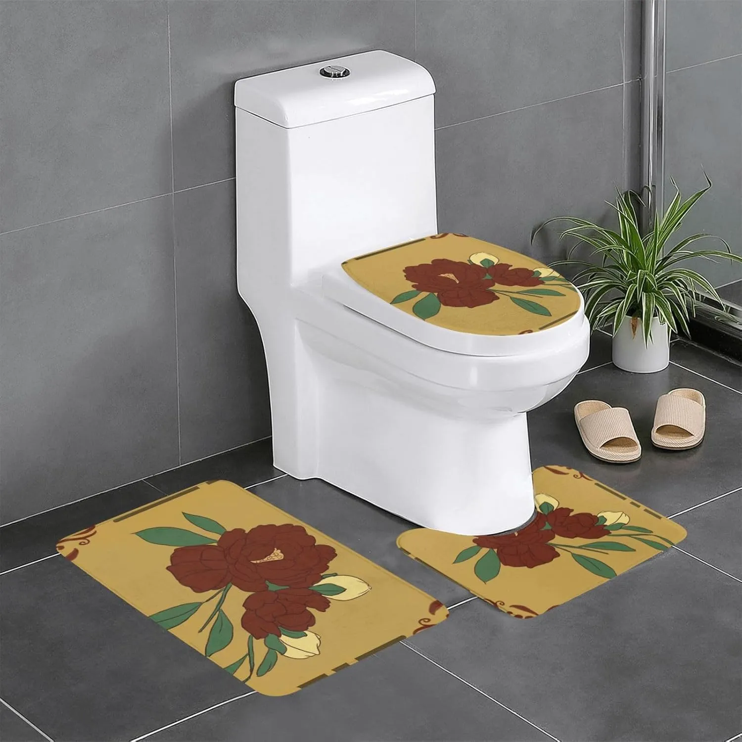 EkcoS Red Moonflower Bathroom Rugs Set 3 Piece Microfiber Bath Shower Mat and U-Shaped Toilet Rug, Machine Wash Dry, Non Slip Absorbent Bath Rug for Tub.