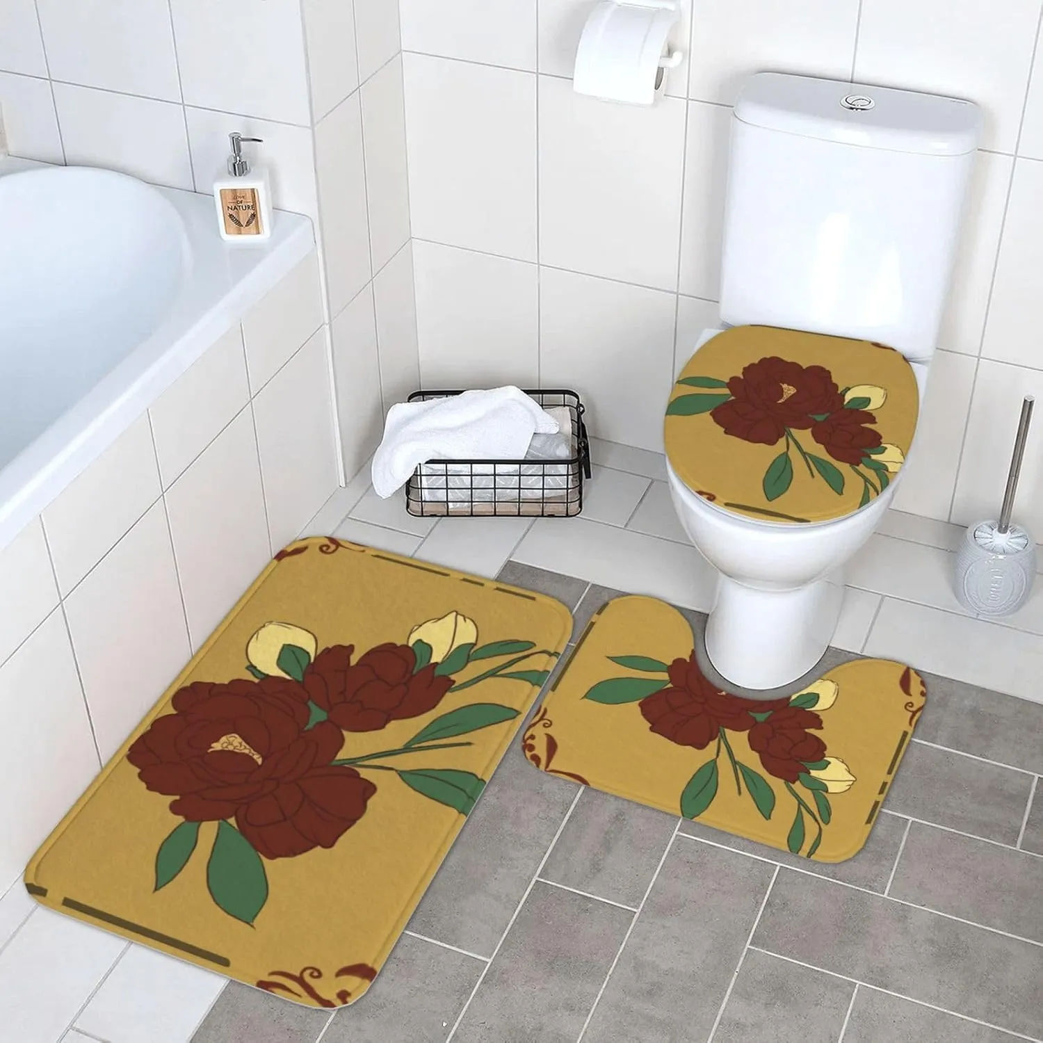 EkcoS Red Moonflower Bathroom Rugs Set 3 Piece Microfiber Bath Shower Mat and U-Shaped Toilet Rug, Machine Wash Dry, Non Slip Absorbent Bath Rug for Tub.