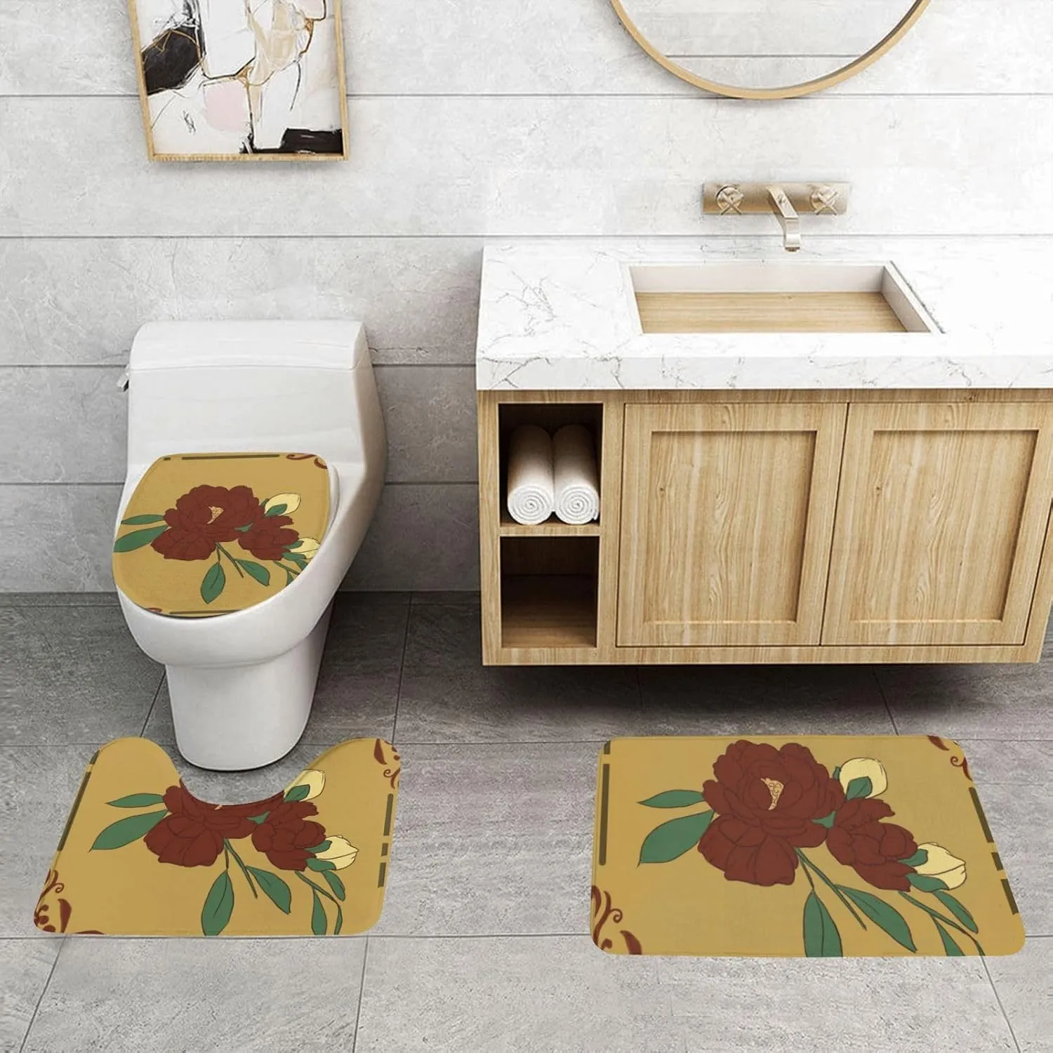EkcoS Red Moonflower Bathroom Rugs Set 3 Piece Microfiber Bath Shower Mat and U-Shaped Toilet Rug, Machine Wash Dry, Non Slip Absorbent Bath Rug for Tub.