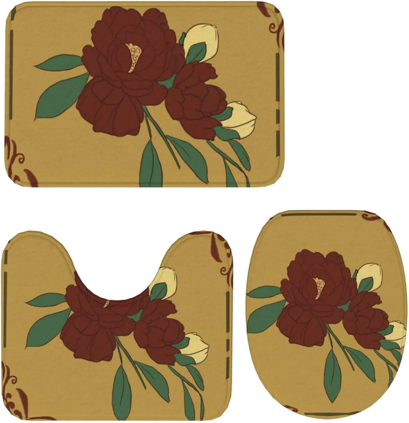 EkcoS Red Moonflower Bathroom Rugs Set 3 Piece Microfiber Bath Shower Mat and U-Shaped Toilet Rug, Machine Wash Dry, Non Slip Absorbent Bath Rug for Tub.