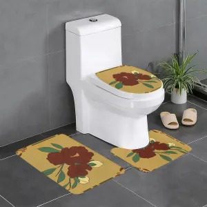 EkcoS Red Moonflower Bathroom Rugs Set 3 Piece Microfiber Bath Shower Mat and U-Shaped Toilet Rug, Machine Wash Dry, Non Slip Absorbent Bath Rug for Tub.