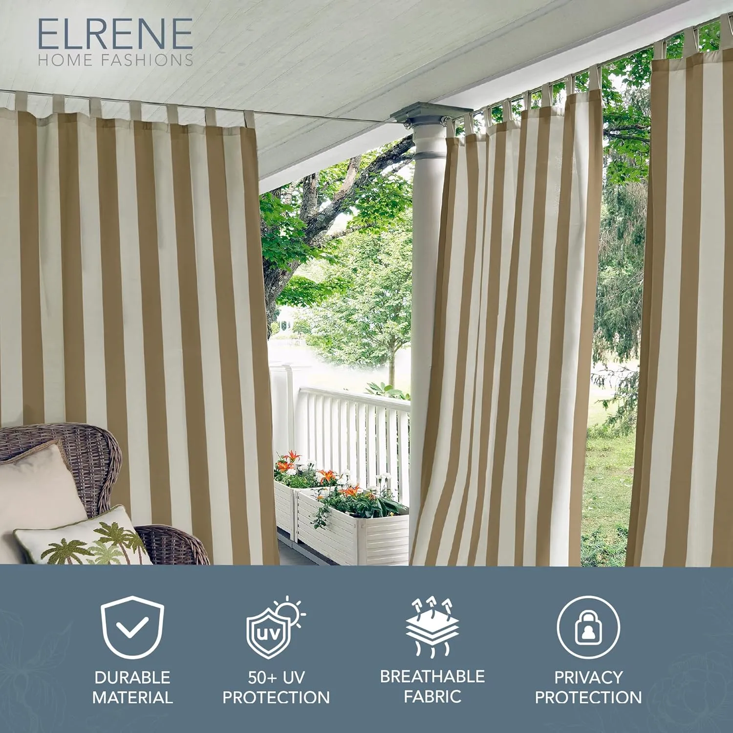 Elrene Home Fashions Highland Stripe Indoor/Outdoor Curtain Panel, 50 inches X 95 inches, Natural