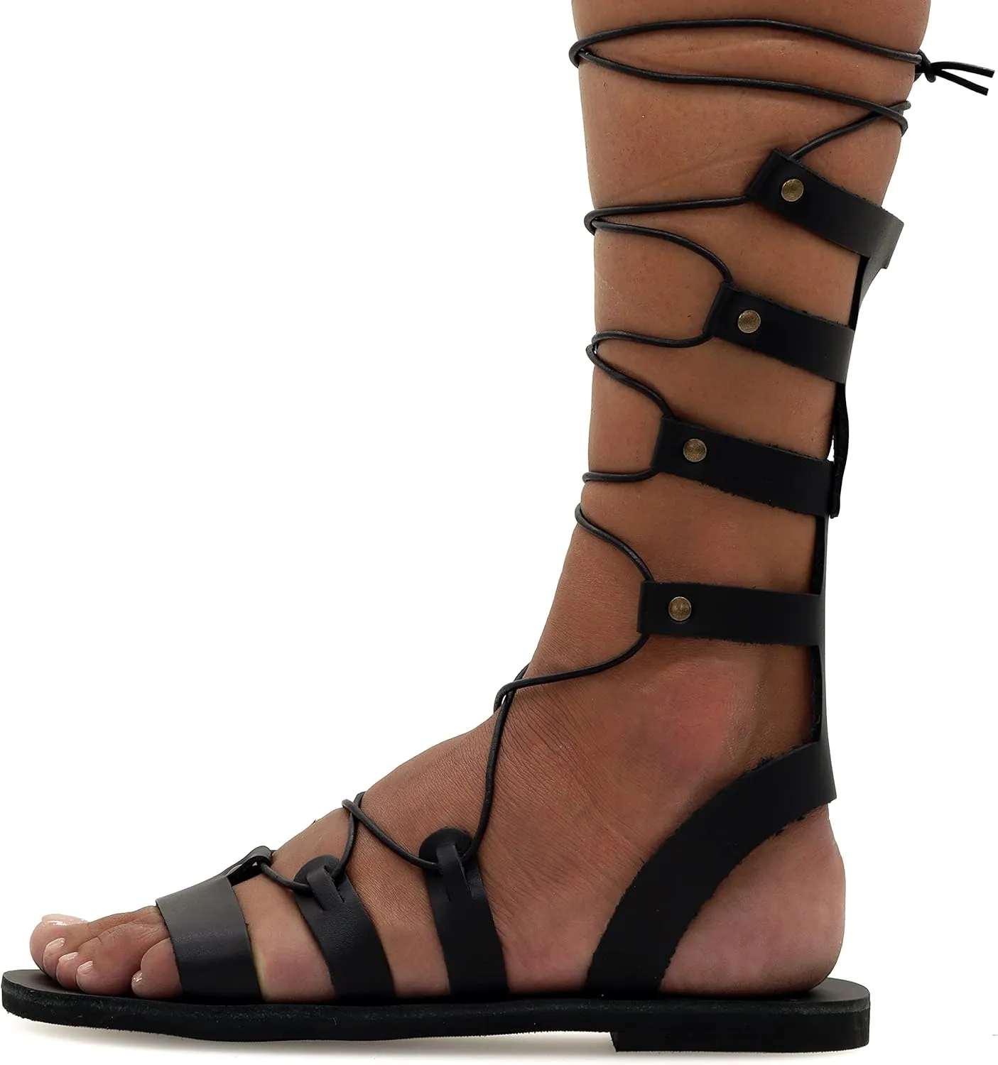 Emmanuela Ancient Greek Style Calf High Leather Sandals, Handmade Open Toe Flat Gladiator Sandals, Quality Tie up Strappy Summer Shoes for Women, Boho Chic Rose Gold Silver White Black