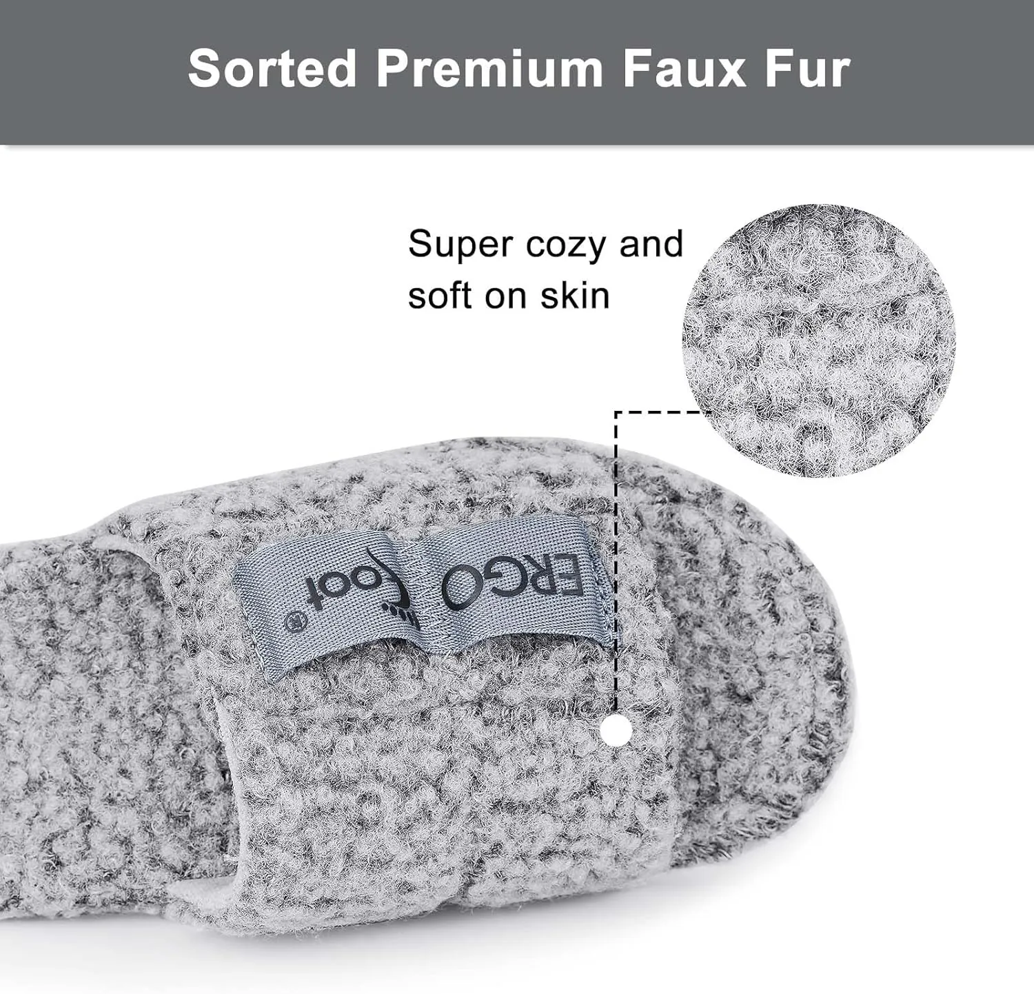 ERGOfoot Fuzzy House Slippers with Arch Support for Women Men, Orthopedic Slide Slippers for Plantar Fasciitis Open Toe Indoor House Shoes with Adjustable Straps, Foot Pain Relief