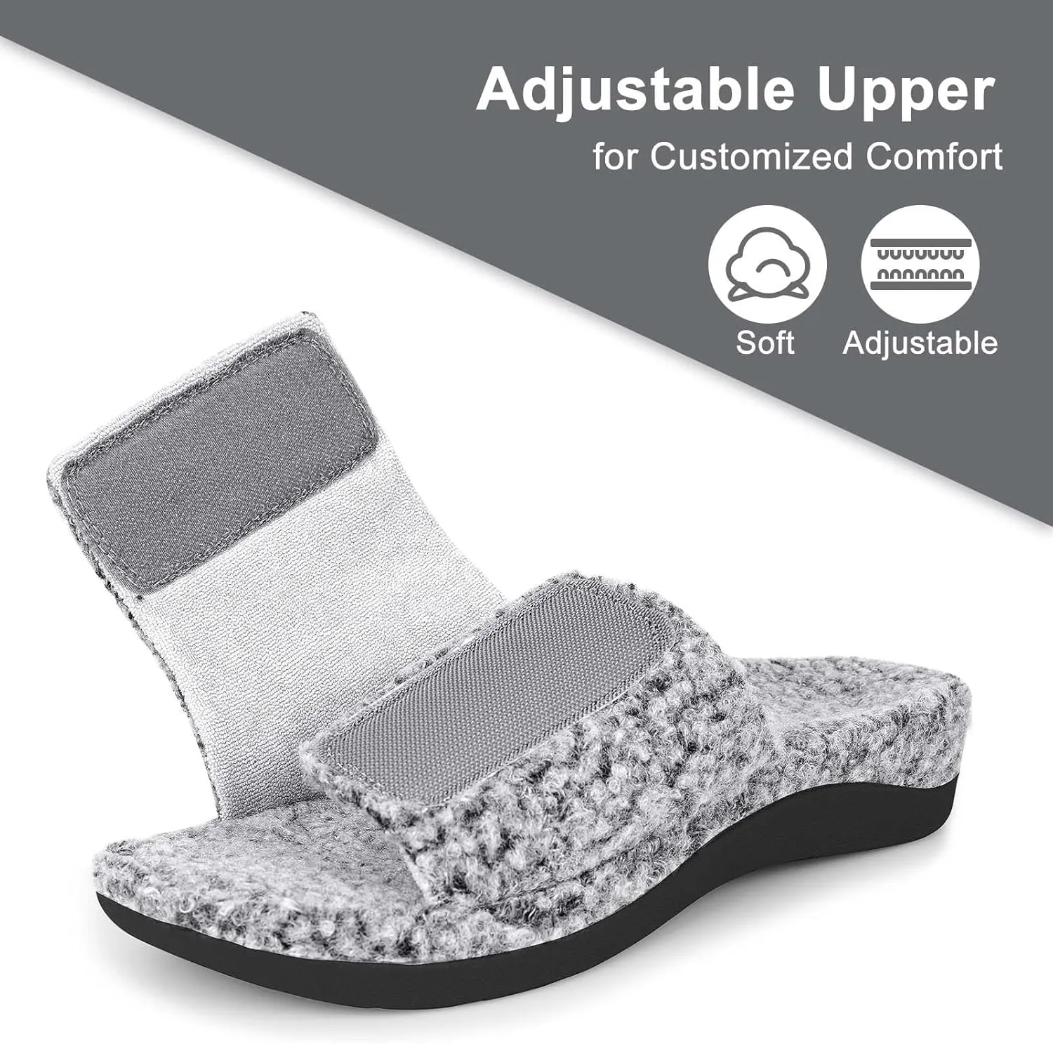 ERGOfoot Fuzzy House Slippers with Arch Support for Women Men, Orthopedic Slide Slippers for Plantar Fasciitis Open Toe Indoor House Shoes with Adjustable Straps, Foot Pain Relief