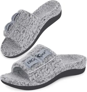 ERGOfoot Fuzzy House Slippers with Arch Support for Women Men, Orthopedic Slide Slippers for Plantar Fasciitis Open Toe Indoor House Shoes with Adjustable Straps, Foot Pain Relief