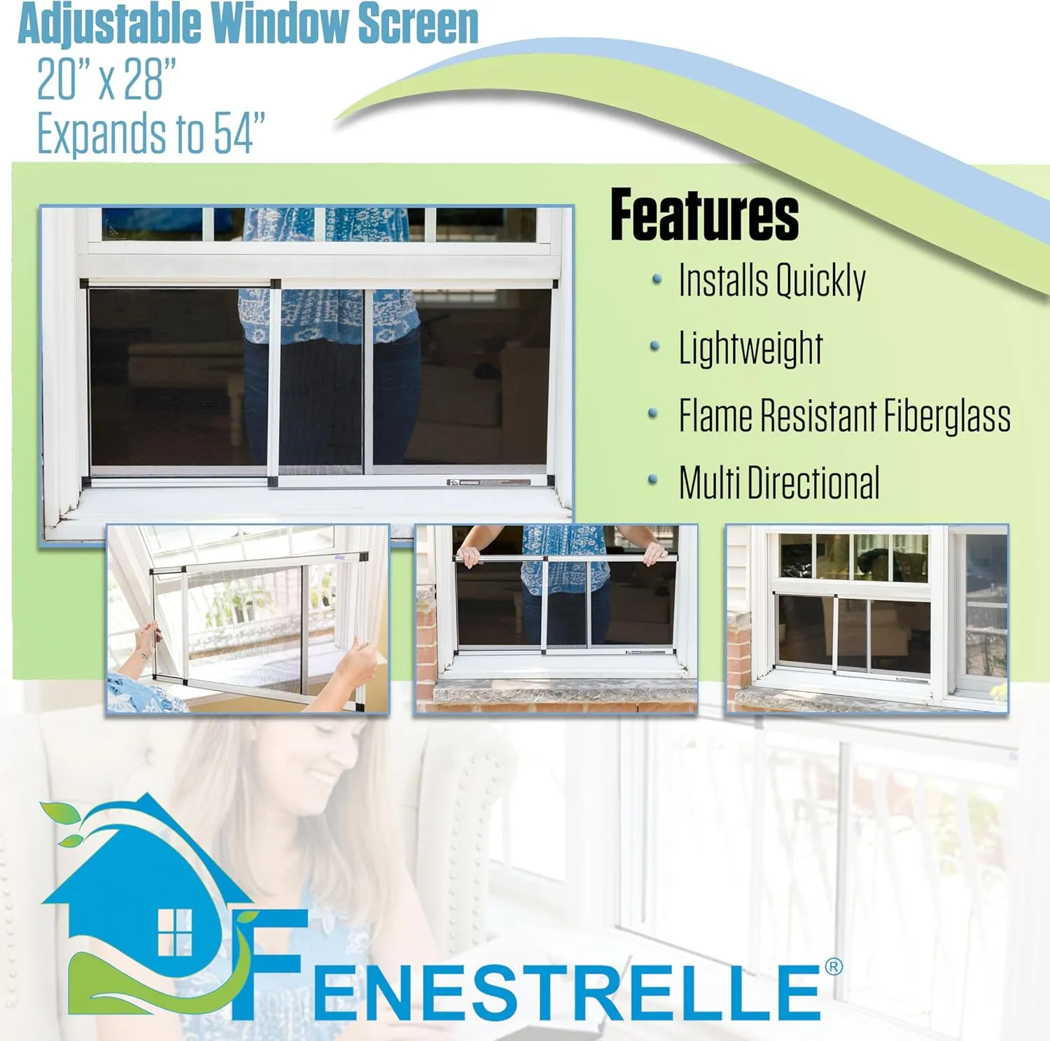 Fenestrelle Expandable Window Screen, 2 Way Adjustable Window Screen, Horizontal (20" H x 28"-54" W) or Convert to Vertical (28" H x 20"- 38" W), Pack of 2