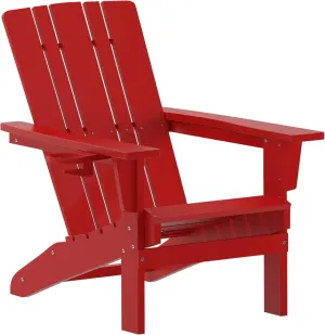 Flash Furniture Halifax Adirondack Chair with Cup Holder, Weather Resistant Poly Resin Adirondack Chair, Red