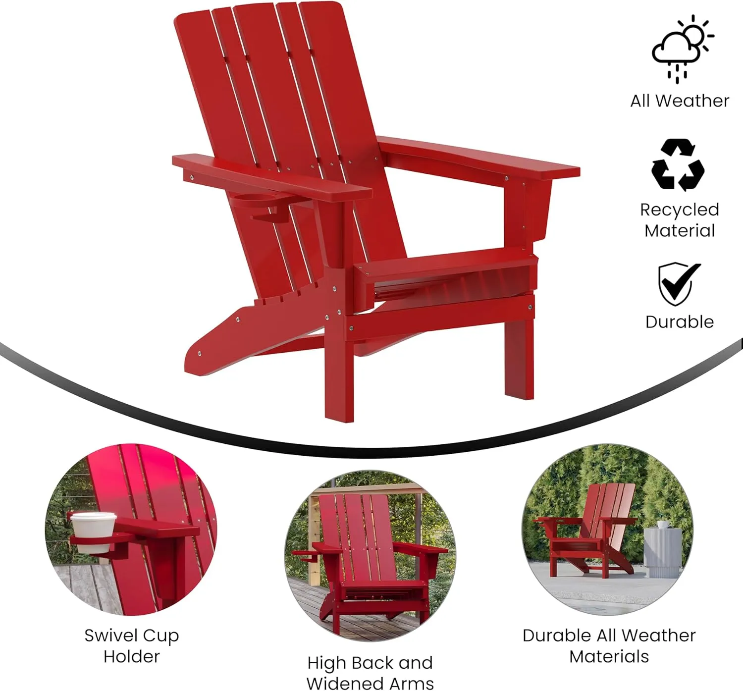 Flash Furniture Halifax Adirondack Chair with Cup Holder, Weather Resistant Poly Resin Adirondack Chair, Red