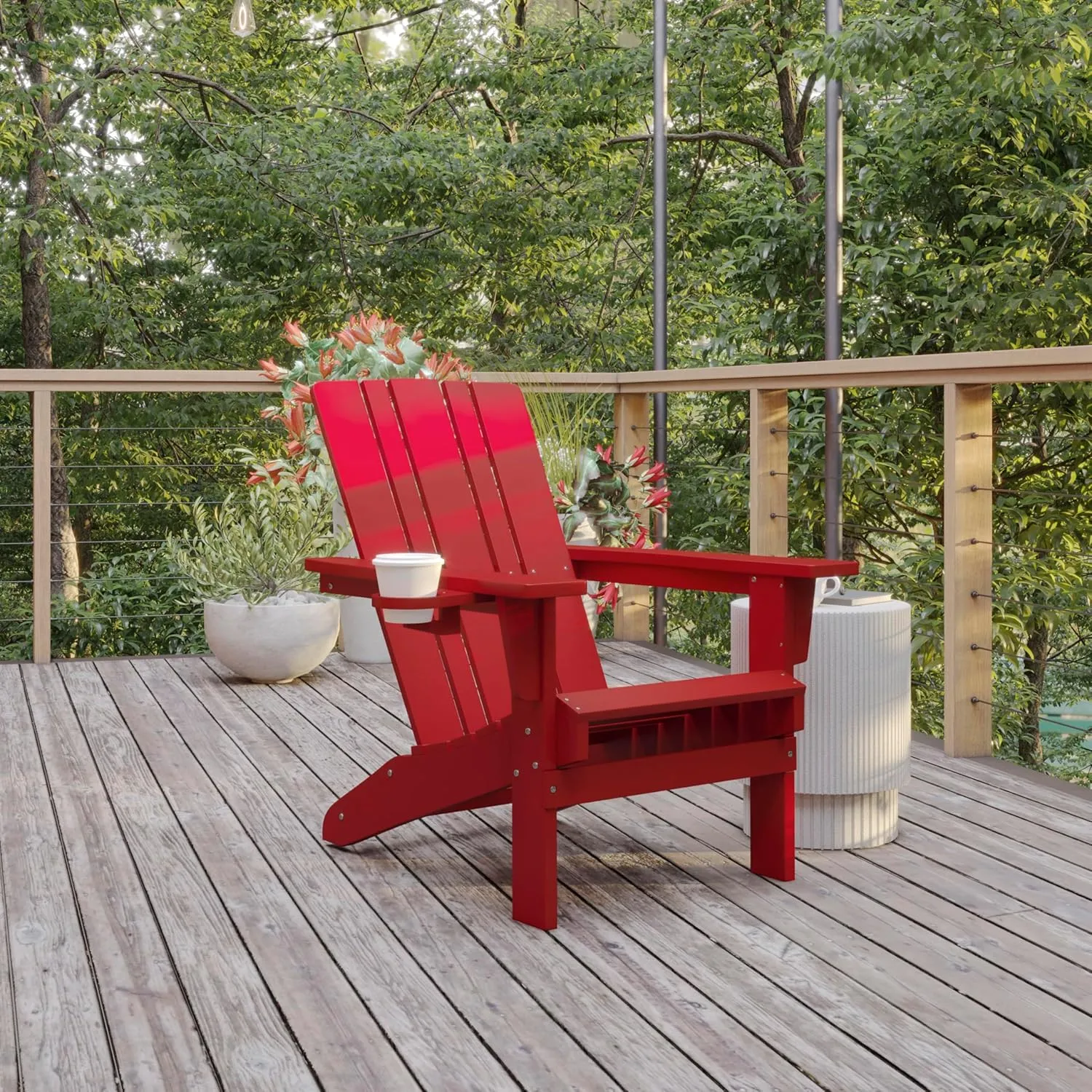 Flash Furniture Halifax Adirondack Chair with Cup Holder, Weather Resistant Poly Resin Adirondack Chair, Red