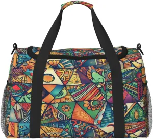 Geometrica Ethnic Floral Mandala Travel Duffel Bag with Strap Multi Pockets Sports Bag Handbag Large Shoulder Bag for Gym Weekend Fitness Camping