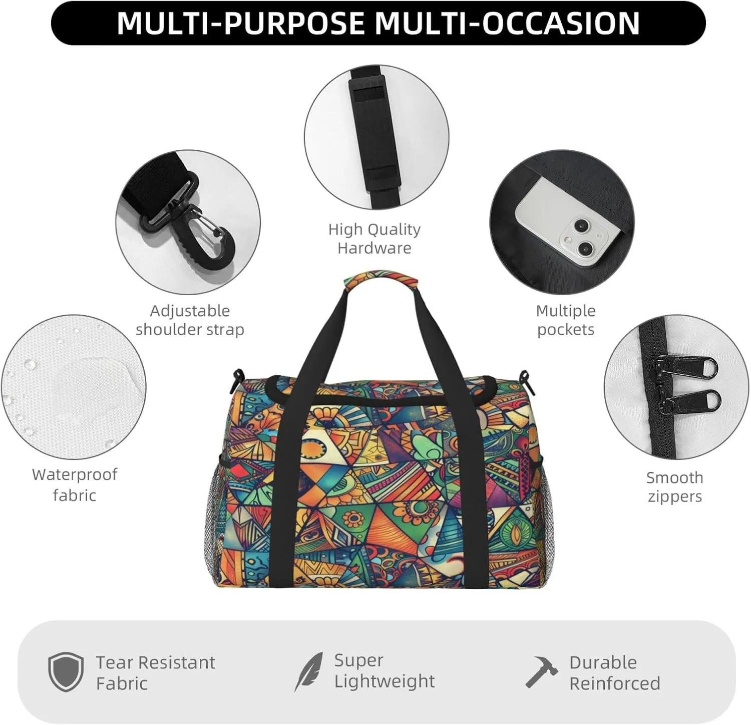 Geometrica Ethnic Floral Mandala Travel Duffel Bag with Strap Multi Pockets Sports Bag Handbag Large Shoulder Bag for Gym Weekend Fitness Camping