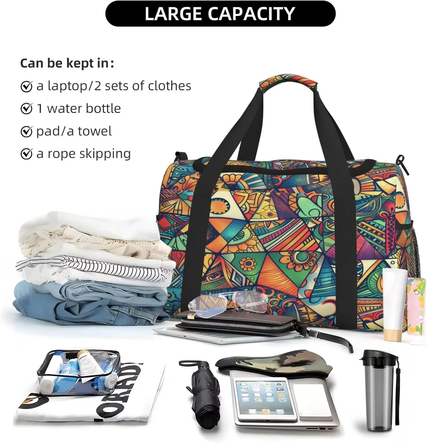 Geometrica Ethnic Floral Mandala Travel Duffel Bag with Strap Multi Pockets Sports Bag Handbag Large Shoulder Bag for Gym Weekend Fitness Camping