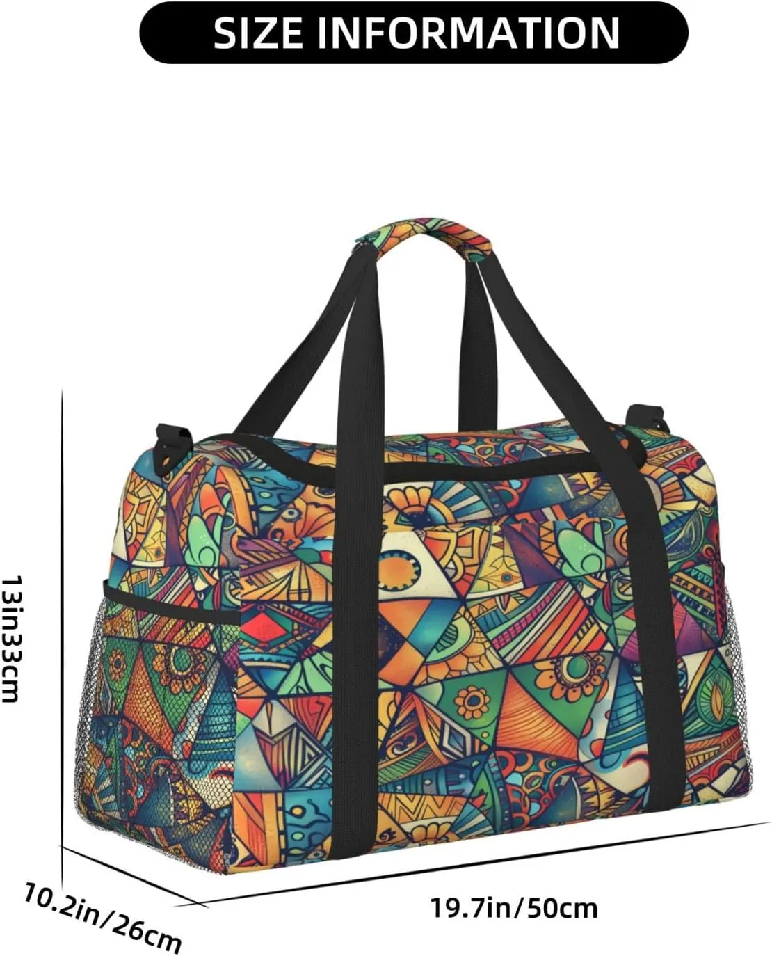 Geometrica Ethnic Floral Mandala Travel Duffel Bag with Strap Multi Pockets Sports Bag Handbag Large Shoulder Bag for Gym Weekend Fitness Camping