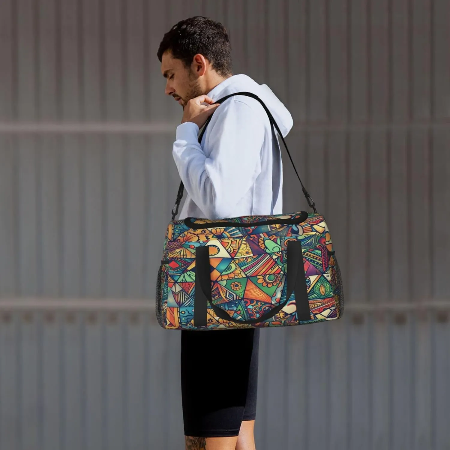 Geometrica Ethnic Floral Mandala Travel Duffel Bag with Strap Multi Pockets Sports Bag Handbag Large Shoulder Bag for Gym Weekend Fitness Camping