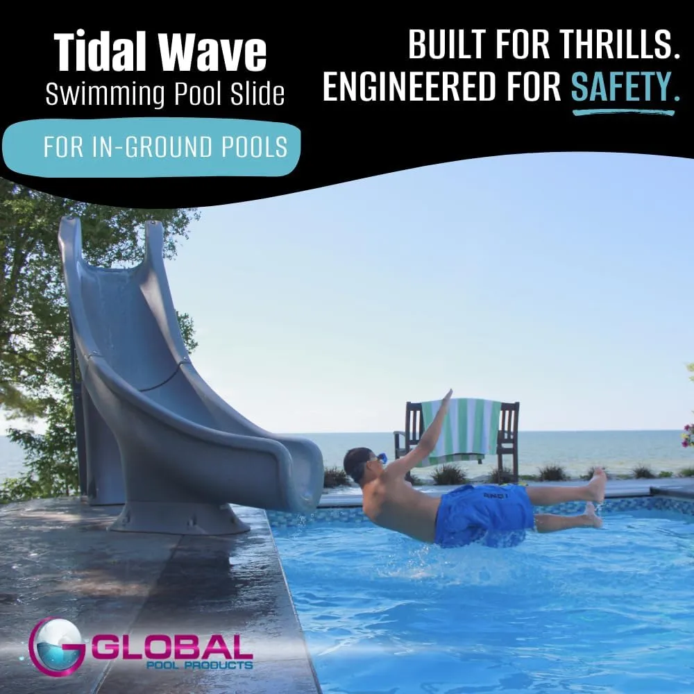 Global Pool Products Tidal Wave Inground Swimming Pool Water Slide Deck Mounted Left Curve Turn Grey GPPSTW-Grey-L